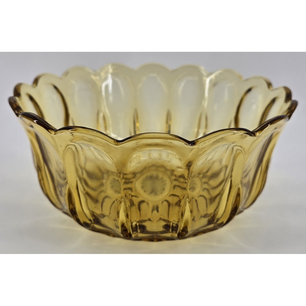 Vtg 70's Anchor Hocking FAIRFIELD Amber Gold 9"x4" Glass Serving Bowl Flower Mod